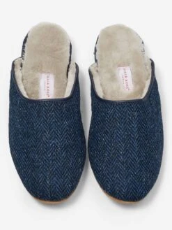 Men's Mule Slippers Douglas 2 Harris Tweed Sheepskin Navy -Derek Rose Shop 0504 DOUG002NAV C