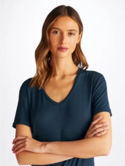 Women's V-Neck Sleep T-Shirt Lara Micro Modal Stretch Navy -Derek Rose Shop 1211 LARA001NAV 769