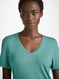 Women's V-Neck Sleep T-Shirt Lara Micro Modal Stretch Teal -Derek Rose Shop 1211 LARA002GRE 777