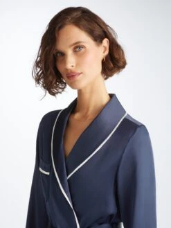 Women's Long Dressing Gown Bailey Silk Satin Navy -Derek Rose Shop 1295 BAIL001NAV 10254