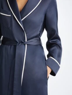 Women's Long Dressing Gown Bailey Silk Satin Navy -Derek Rose Shop 1295 BAIL001NAV 10277