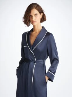 Women's Long Dressing Gown Bailey Silk Satin Navy -Derek Rose Shop 1295 BAIL001NAV 10307