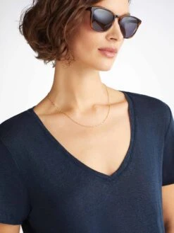 Women's V-Neck T-Shirt Jordan Linen Navy -Derek Rose Shop 1518 JORD002NAV 7951