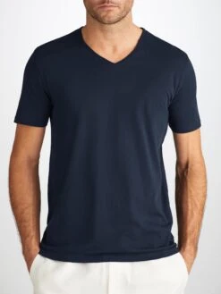 Men's V-Neck T-Shirt Riley Pima Cotton Navy -Derek Rose Shop 3053 RILE001NAV 2559