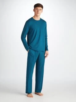 Men's Long Sleeve T-Shirt Basel Micro Modal Stretch Poseidon Blue -Derek Rose Shop 3083 BASE017BLU 38220