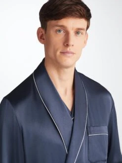 Men's Dressing Gown Bailey Silk Satin Navy -Derek Rose Shop 5535 BAIL001NAV 37585