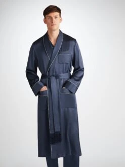 Men's Dressing Gown Bailey Silk Satin Navy -Derek Rose Shop 5535 BAIL001NAV 37636