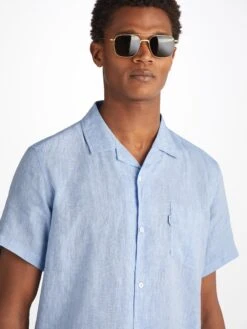 Men's Short Sleeve Shirt Monaco Linen Blue 13 Men's Short Sleeve Shirt Monaco Linen Blue -Derek Rose Shop 9825 MONA001BLU 2524