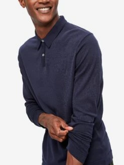 Men's Long Sleeve Polo Shirt Jacob Sea Island Cotton Navy -Derek Rose Shop 9845 JACO001NAV 3