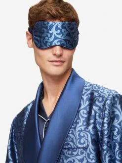 Eye Mask Verona 63 Silk Jacquard Navy -Derek Rose Shop eye mask verona 63 silk jacquard navy male model detail 2