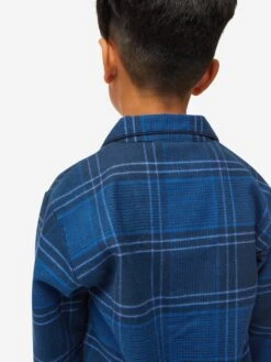 Kids' Pyjamas Kelburn 27 Brushed Cotton Navy -Derek Rose Shop kids pyjamas kelburn 27 brushed cotton navy shoulder close up