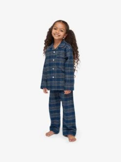 Kids' Pyjamas Kelburn 30 Brushed Cotton Navy -Derek Rose Shop kids pyjamas kelburn 30 brushed cotton multi girl front