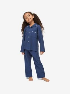 Kids' Pyjamas Balmoral 3 Brushed Cotton Navy 14 Kids' Pyjamas Balmoral 3 Brushed Cotton Navy -Derek Rose Shop kids pyjamas balmoral 3 brushed cotton navy girl front