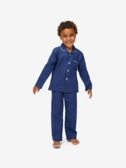 Kids' Pyjamas Lombard 6 Cotton Jacquard Navy -Derek Rose Shop kids pyjamas lombard 6 cotton jacquard navy boy front