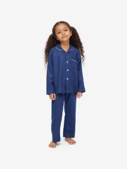 Kids' Pyjamas Lombard 6 Cotton Jacquard Navy -Derek Rose Shop kids pyjamas lombard 6 cotton jacquard navy girl front