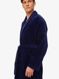 Men's Bathrobe Triton 10 Terry Cotton Navy -Derek Rose Shop mens bathrobe triton 10 cotton navy close up