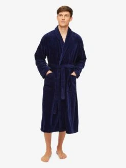Men's Bathrobe Triton 10 Terry Cotton Navy -Derek Rose Shop mens bathrobe triton 10 cotton navy front