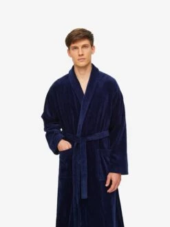 Men's Bathrobe Triton 10 Terry Cotton Navy -Derek Rose Shop mens bathrobe triton 10 cotton navy front close up
