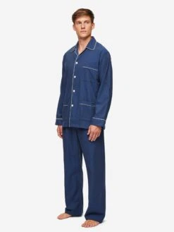 Men's Classic Fit Pyjamas Balmoral 3 Brushed Cotton Navy -Derek Rose Shop mens classic fit pyjamas balmoral 3 brushed cotton navy front