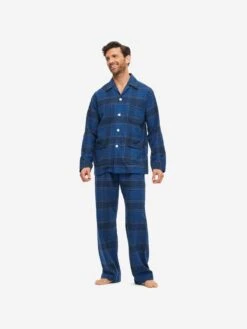 Men's Classic Fit Pyjamas Kelburn 27 Brushed Cotton Navy -Derek Rose Shop mens classic fit pyjamas kelburn 27 brushed cotton navy front