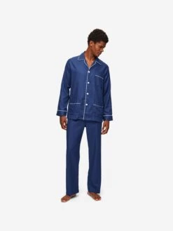 Men's Classic Fit Pyjamas Lombard 6 Cotton Jacquard Navy 13 Men's Classic Fit Pyjamas Lombard 6 Cotton Jacquard Navy -Derek Rose Shop mens classic fit pyjamas lombard 6 cotton jacquard navy front