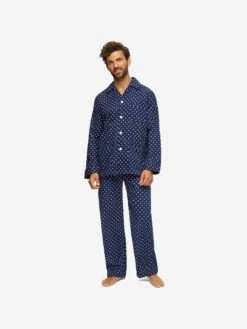 Men's Classic Fit Pyjamas Nelson 93 Cotton Batiste Navy -Derek Rose Shop mens classic fit pyjamas nelson 93 cotton batiste navy front