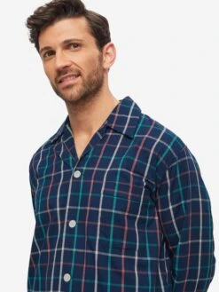 Men's Classic Fit Pyjamas Ranga 44 Brushed Cotton Multi -Derek Rose Shop mens classic fit pyjamas ranga 44 brushed cotton multi front close up