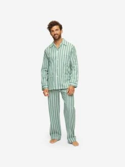 Men's Classic Fit Pyjamas Royal 219 Cotton Green -Derek Rose Shop mens classic fit pyjamas royal 219 cotton satin green front