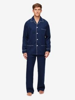 Men's Classic Fit Pyjamas Royal 40 Cotton Navy -Derek Rose Shop mens classic fit pyjamas royal 40 cotton satin navy front