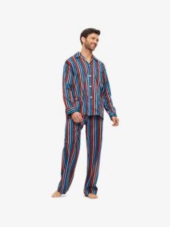 Men's Classic Fit Pyjamas Wellington 54 Cotton Multi -Derek Rose Shop mens classic fit pyjamas wellington cotton satin multi front