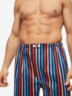 Men's Classic Fit Pyjamas Wellington 54 Cotton Multi -Derek Rose Shop mens classic fit pyjamas wellington cotton satin multi front close up