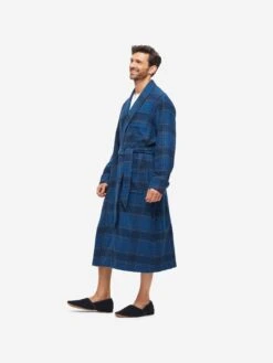 Men's Dressing Gown Kelburn 27 Brushed Cotton Navy -Derek Rose Shop mens dressing gown kelburn 27 brushed cotton navy front