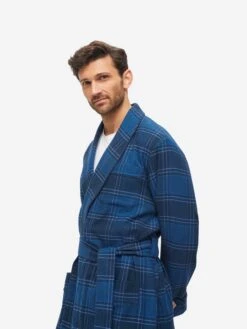 Men's Dressing Gown Kelburn 27 Brushed Cotton Navy -Derek Rose Shop mens dressing gown kelburn 27 brushed cotton navy front close up