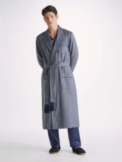 Men's Dressing Gown Lincoln 11 Wool Navy -Derek Rose Shop mens dressing gown lincoln 11 wool navy front