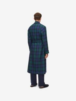 Men's Dressing Gown Tartan Black Watch Wool Navy -Derek Rose Shop mens dressing gown tartan black watch wool navy back