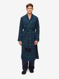 Men's Dressing Gown Tartan Black Watch Wool Navy -Derek Rose Shop mens dressing gown tartan black watch wool navy front