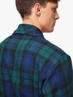 Men's Dressing Gown Tartan Black Watch Wool Navy -Derek Rose Shop mens dressing gown tartan black watch wool navy shoulder