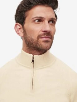 Men's Half-Zip Sweater Finley Cashmere Cream 13 Men's Half-Zip Sweater Finley Cashmere Cream -Derek Rose Shop mens half zip sweater finley 10 cashmere cream zip close up