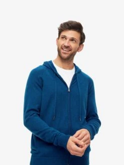 Men's Hoodie Finley Cashmere Ocean Blue -Derek Rose Shop mens hoodie finley 10 cashmere blue front close up