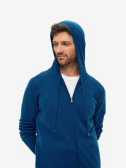 Men's Hoodie Finley Cashmere Ocean Blue -Derek Rose Shop mens hoodie finley 10 cashmere blue hood close up