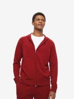 Men's Hoodie Finley Cashmere Deep Red -Derek Rose Shop mens hoodie finley 10 cashmere red front close up