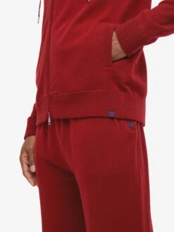 Men's Hoodie Finley Cashmere Deep Red -Derek Rose Shop mens hoodie finley 10 cashmere red pocket close up