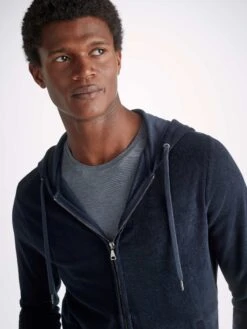 Men's Hoodie Isaac Terry Cotton Navy -Derek Rose Shop mens hoodie isaac terry cotton navy zip