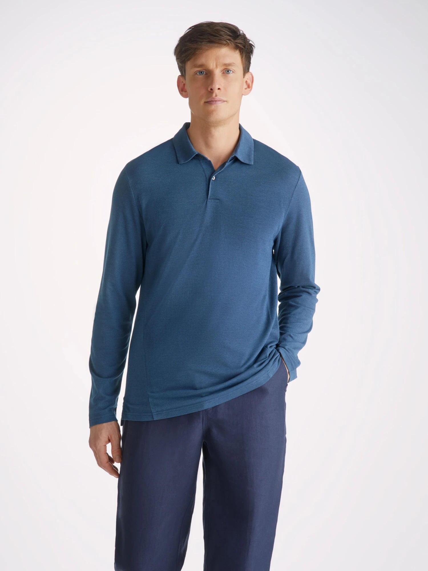 Men's Long Sleeve Polo Shirt Ramsay 2 Pique Cotton Tencel Denim 7 Men's Long Sleeve Polo Shirt Ramsay 2 Pique Cotton Tencel Denim - Image 5