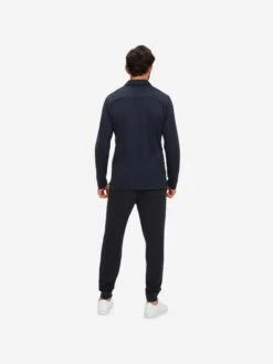 Men's Long Sleeve Polo Shirt Ramsay 2 Pique Cotton Tencel Navy -Derek Rose Shop mens long sleeve polo shirt ramsay 2 pique cotton tencel navy back