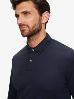 Men's Long Sleeve Polo Shirt Ramsay 2 Pique Cotton Tencel Navy -Derek Rose Shop mens long sleeve polo shirt ramsay 2 pique cotton tencel navy collar close up