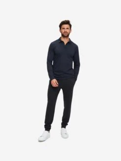 Men's Long Sleeve Polo Shirt Ramsay 2 Pique Cotton Tencel Navy -Derek Rose Shop mens long sleeve polo shirt ramsay 2 pique cotton tencel navy front