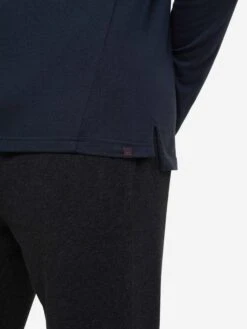 Men's Long Sleeve Polo Shirt Ramsay 2 Pique Cotton Tencel Navy -Derek Rose Shop mens long sleeve polo shirt ramsay 2 pique cotton tencel navy hem close up