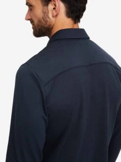 Men's Long Sleeve Polo Shirt Ramsay 2 Pique Cotton Tencel Navy -Derek Rose Shop mens long sleeve polo shirt ramsay 2 pique cotton tencel navy shoulder close up
