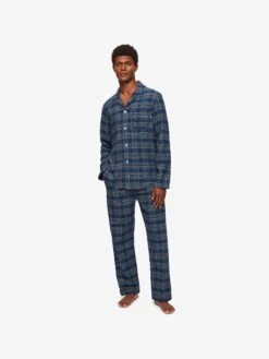 Men's Modern Fit Pyjamas Kelburn 30 Brushed Cotton Navy -Derek Rose Shop mens modern fit pyjamas kelburn 30 brushed cotton navy front